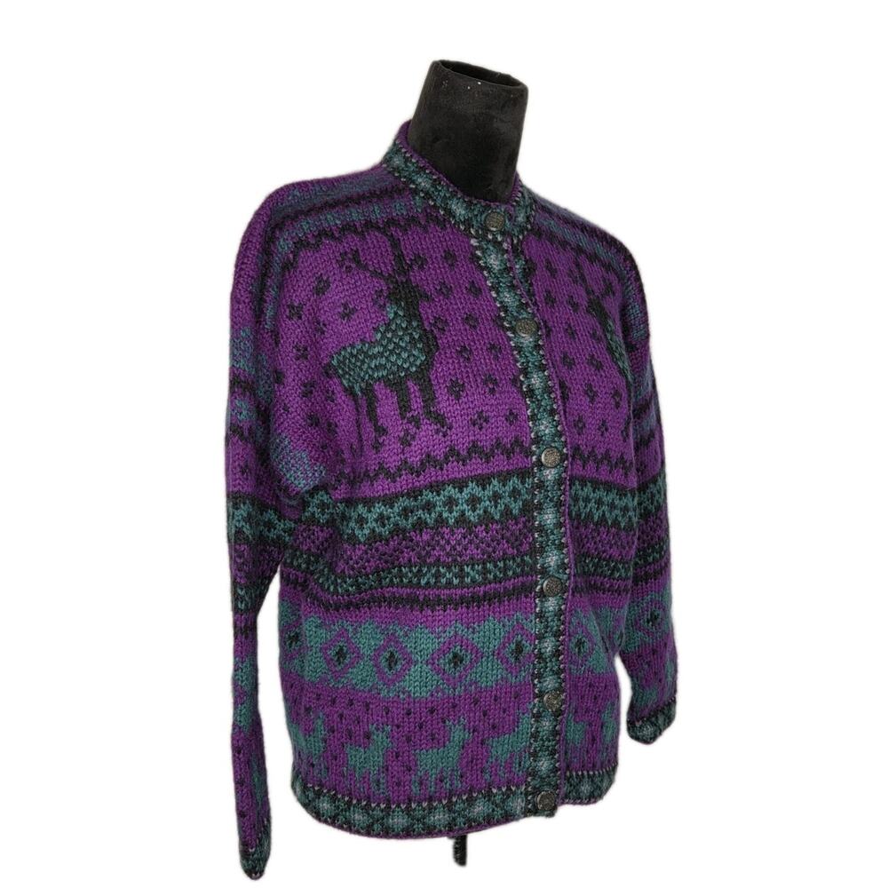 VTG Putumayo Wool Deer Cardigan Sweater Nordic Folk Art Cabin Core USA S - Picture 3 of 9